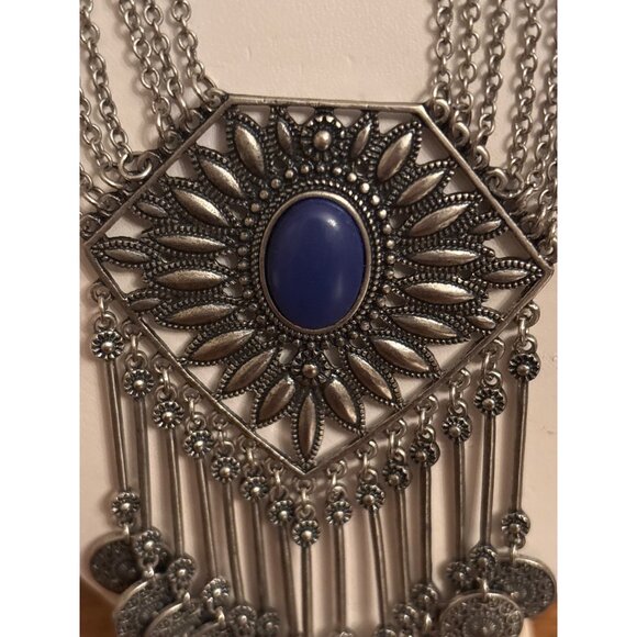 Boho Gypsy Coin Bib Necklace Bold Silver Statement With Blue Stone - Picture 2 of 16